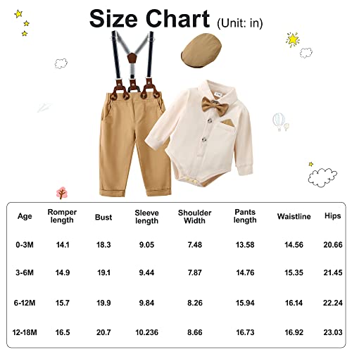 Baby Boy Clothes Gentleman Suit Outfits Bodysuit + Bowtie + Beret Hat + Suspender Pants(Khaki,6-12Mï¼ from 