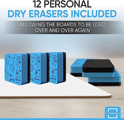 Set of 12 Small White Board Dry Erase Boards Classroom Pack Mini White Boards 9"x12â Double Sided Personal Whiteboards for Students Teachers School Supplies Lapboards l 12 Mini Whiteboard Erasers Incl by SCRIBBLEDO