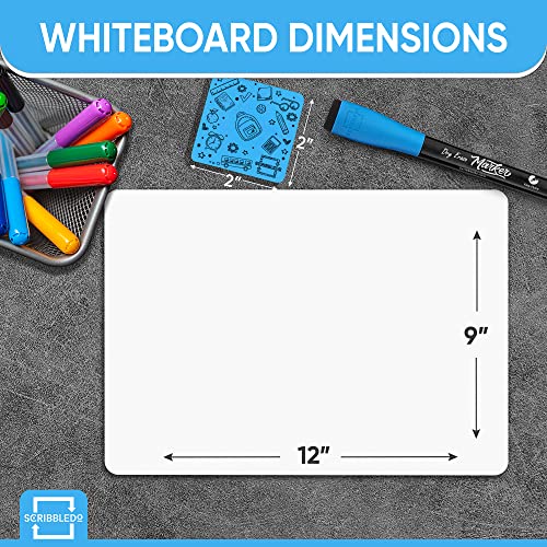 Set of 12 Small White Board Dry Erase Boards Classroom Pack Mini White Boards 9"x12â Double Sided Personal Whiteboards for Students Teachers School Supplies Lapboards l 12 Mini Whiteboard Erasers Incl by SCRIBBLEDO