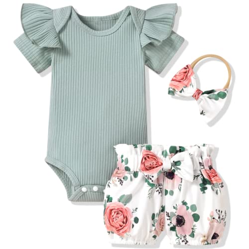 Aalizzwell Preemie Baby Girls Clothes Ribbed Short Sleeve Bloomer Outfit Premature Floral Summer Outfit Green from 