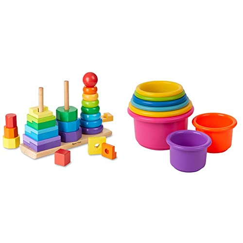 Melissa & Doug Geometric Stacker - Wooden Educational Toy & The First Years Stack up Cup Toys, Multi, 8 Count, Pack of 9 by 