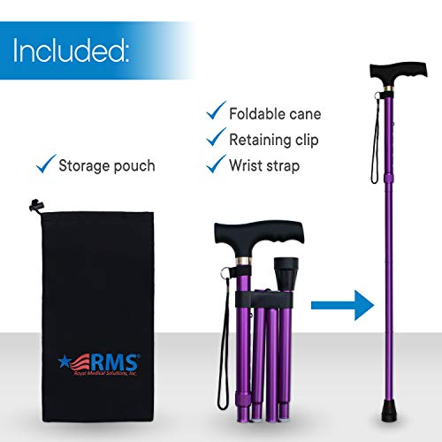 RMS Folding Cane - Foldable, Adjustable, Lightweight Aluminum Offset Walking Cane - Collapsible Walking Stick with Ergonomic Derby Handle - Ideal Daily Living Aid for Limited Mobility (Lavender) by Royal Medical Solutions