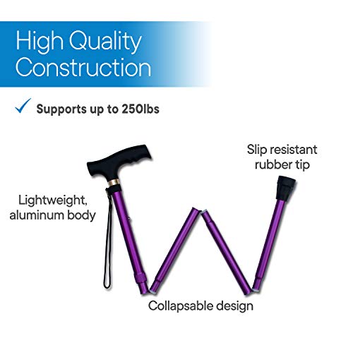RMS Folding Cane - Foldable, Adjustable, Lightweight Aluminum Offset Walking Cane - Collapsible Walking Stick with Ergonomic Derby Handle - Ideal Daily Living Aid for Limited Mobility (Lavender) by Royal Medical Solutions