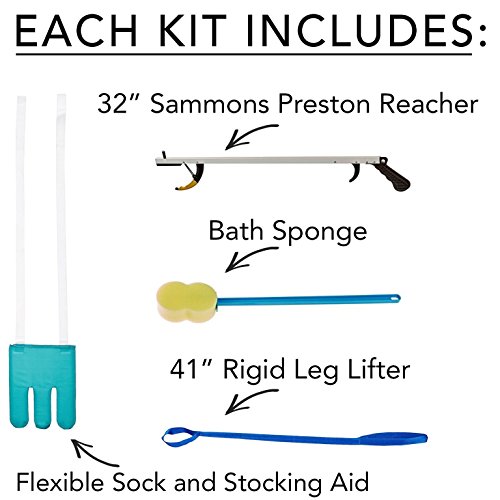 Sammons Preston Hip Kit 9, Four Essential Assisted Daily Living Aids for Limited Mobility, Includes 32" Reacher Claw, Flexible Sock Aid, Rigid Leg Lifter, and Contoured Bath Sponge with Long Handle by SAMMONS PRESTON