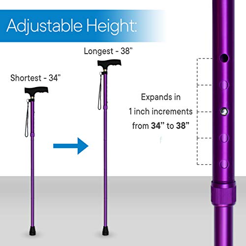 RMS Folding Cane - Foldable, Adjustable, Lightweight Aluminum Offset Walking Cane - Collapsible Walking Stick with Ergonomic Derby Handle - Ideal Daily Living Aid for Limited Mobility (Lavender) by Royal Medical Solutions