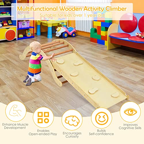 Costzon Climbing Ladder for Toddler with Ramp/Padding, 3-in-1 Baby Wooden Activity Climber Toys for Sliding and Climbing, Safety Kids Indoor Outdoor Vaulted Ladder Playset (3 in 1 Climbing Ladder) from Costzon