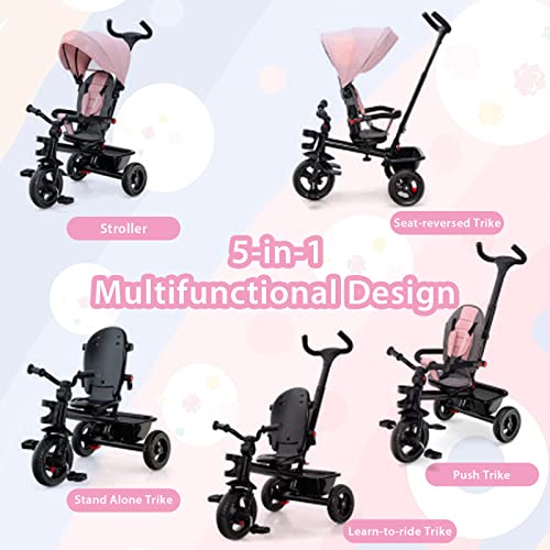 5 in 1 Toddler Tricycle with Removable Push Handle for 1-5 Years Old, Reversible Seat Kids Trike, Toddler Bike with Adjustable Canopy, Cup Holder & Storage, Tricycle for Toddler (Pink) by LeCM