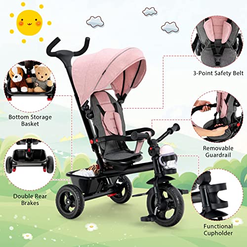 5 in 1 Toddler Tricycle with Removable Push Handle for 1-5 Years Old, Reversible Seat Kids Trike, Toddler Bike with Adjustable Canopy, Cup Holder & Storage, Tricycle for Toddler (Pink) by LeCM