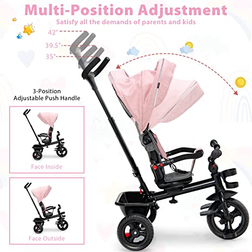 5 in 1 Toddler Tricycle with Removable Push Handle for 1-5 Years Old, Reversible Seat Kids Trike, Toddler Bike with Adjustable Canopy, Cup Holder & Storage, Tricycle for Toddler (Pink) by LeCM