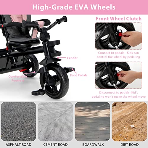 5 in 1 Toddler Tricycle with Removable Push Handle for 1-5 Years Old, Reversible Seat Kids Trike, Toddler Bike with Adjustable Canopy, Cup Holder & Storage, Tricycle for Toddler (Pink) by LeCM