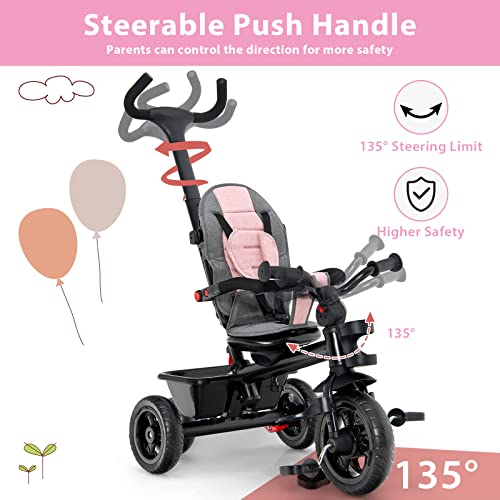 5 in 1 Toddler Tricycle with Removable Push Handle for 1-5 Years Old, Reversible Seat Kids Trike, Toddler Bike with Adjustable Canopy, Cup Holder & Storage, Tricycle for Toddler (Pink) by LeCM