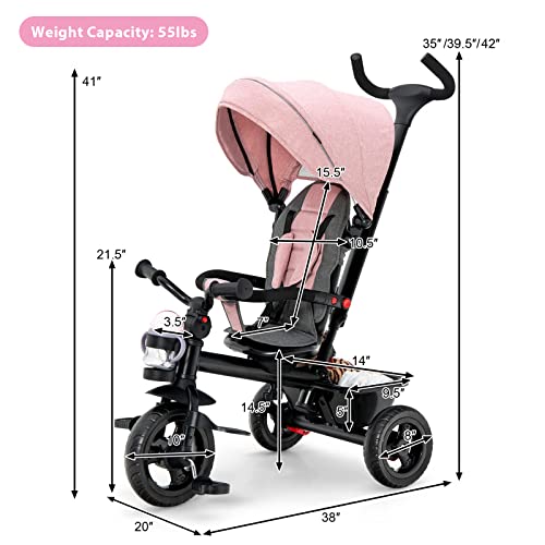 5 in 1 Toddler Tricycle with Removable Push Handle for 1-5 Years Old, Reversible Seat Kids Trike, Toddler Bike with Adjustable Canopy, Cup Holder & Storage, Tricycle for Toddler (Pink) by LeCM