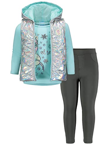 Disney Frozen Elsa Toddler Girls 3 Piece Outfit Set: Vest T-Shirt Legging Aqua/Grey 5T by H.I.S. International