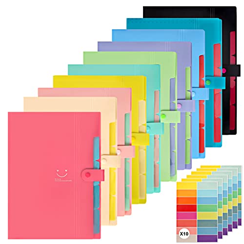 EOOUT 10pcs Expanding File Folders, A4 Letter Size Plastic Accordion Document Organizer with Snap Button, 160 Stickers in 16 Colors, for School and Office Supplies by EOOUT