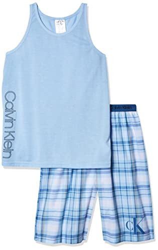 Calvin Klein Little Boys' 2 Piece Sleepwear Top and Bottom Pajama Set Pj, Blue Bell, ck River Plaid, Large (10/12) by Calvin Klein