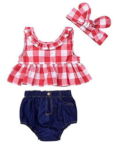 Baby Girls Plaid Ruffle Bowknot Tank Top+Denim Shorts Outfit with Headband (80(6-12M), Red) by 
