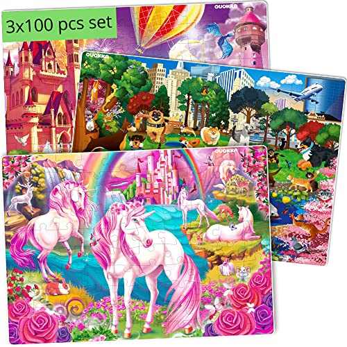 100 Piece Floor Puzzles for Kids Ages 4-8 â Big Jigsaw Puzzles for Toddlers Ages 3-5 by QUOKKA â Set of 3 Toys Unicorn, Princess and Dog Park â Gift for Girl and Boy Ages 6-8-10 from Adducate Ukarine LLC