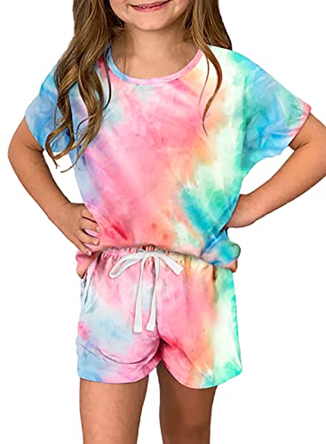 Dokotoo Girls Summer Casual Cute T-Shirt Shorts Set Outfits Short Sleeve Tops Tee Shirts Clothes Round Neck Tie Dye Stretchy Shorts Fashion Clothing with Side Pockets Size 10-11 Pink from Dokotoo