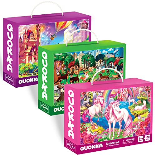 100 Piece Floor Puzzles for Kids Ages 4-8 â Big Jigsaw Puzzles for Toddlers Ages 3-5 by QUOKKA â Set of 3 Toys Unicorn, Princess and Dog Park â Gift for Girl and Boy Ages 6-8-10 from Adducate Ukarine LLC