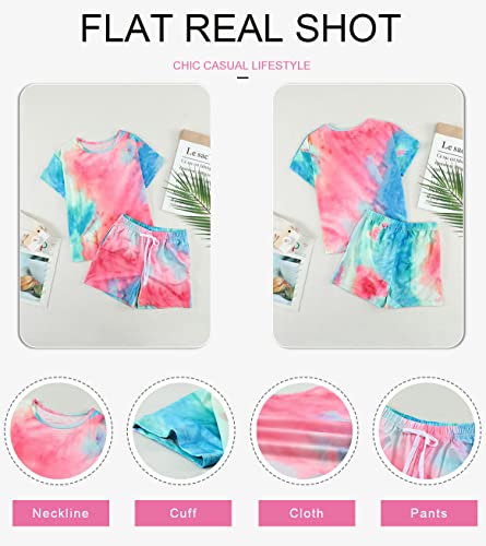Dokotoo Girls Summer Casual Cute T-Shirt Shorts Set Outfits Short Sleeve Tops Tee Shirts Clothes Round Neck Tie Dye Stretchy Shorts Fashion Clothing with Side Pockets Size 10-11 Pink from Dokotoo