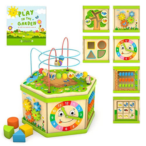 TOYVENTIVE Wooden Kids Baby Activity Cube - One 1 Year Old Girl Gifts Toy, Developmental Educational Learning Montessori Toddler Girls Toys 12-18 Months, First 1st Birthday Gift, Bead Maze by TOYVENTIVE