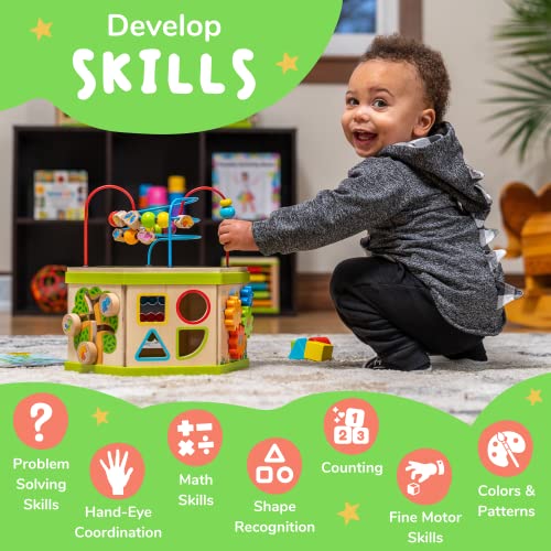 TOYVENTIVE Wooden Kids Baby Activity Cube - One 1 Year Old Girl Gifts Toy, Developmental Educational Learning Montessori Toddler Girls Toys 12-18 Months, First 1st Birthday Gift, Bead Maze by TOYVENTIVE