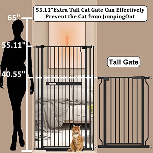 WAOWAO 55.11" Extra Tall Cat Pet Gate Wide Pressure Mounted Walk Through Swing Auto Close Safety Black Metal Baby Toddler Kids Child Dog Pet Puppy Cat for Indoor Stairs,Doorways, Kitchen 30.11-66.14" by WAOWAO
