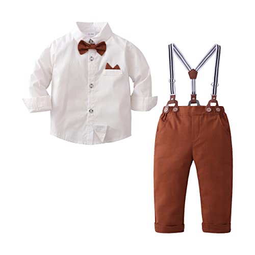 3T-4T Baby Boy Clothes Set Toddler Gentleman Outfits Suit Dress Shirt with Bowtie + Suspender Pants, 1-5 Years by 