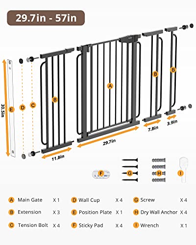 Mom's Choice Awards Winner-Cumbor 29.5-57" Baby Gate for Stairs, Extra Wide Dog Gate for Doorways, Pressure Mounted Walk Through Safety Child Gate for Kids Toddler, Tall Pet Puppy Fence Gate, Black from Cumbor