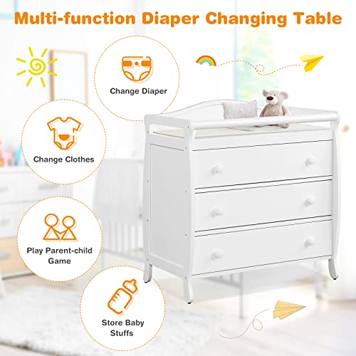 Costzon 3-Drawer Changing Table, Infant Diaper Changing Station with Drawers, Safety Rails & Strap, Baby Changing Table Dresser for Nursery, Easy Assembly (White) from Costzon
