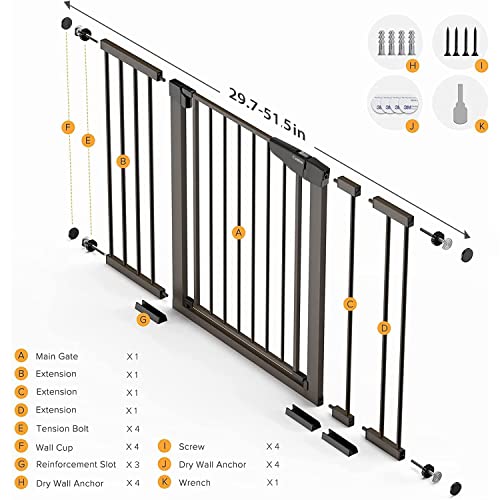 Mom's Choice Awards Winner-Cumbor 29.5"-51.6" Baby Gate Extra Wide, Easy Walk Thru Dog Gate for The House, Auto Close Safety Pet Gates for Stairs, Doorways, Child Gate Includes 4 Wall Cups, Brown by Cumbor