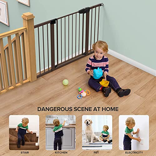 Mom's Choice Awards Winner-Cumbor 29.5"-51.6" Baby Gate Extra Wide, Easy Walk Thru Dog Gate for The House, Auto Close Safety Pet Gates for Stairs, Doorways, Child Gate Includes 4 Wall Cups, Brown by Cumbor