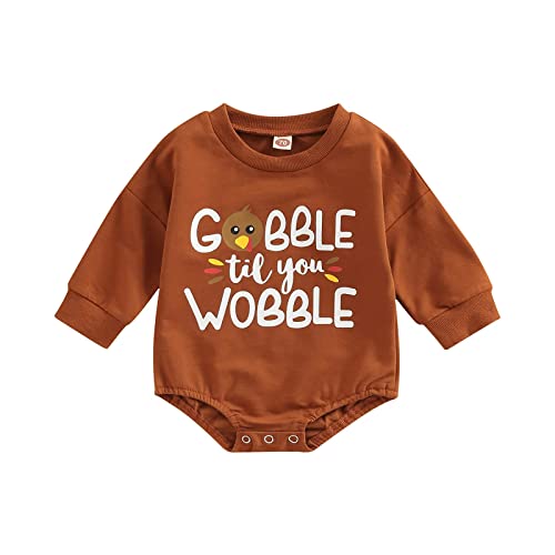 Baby Girl Boy Thanksgiving Outfit Turkey Sweatshirt Romper Long Sleeve Onesie Cute Infant Toddler Clothes 0-6 Months At Gobble TIL YOU Wobble Brown by 