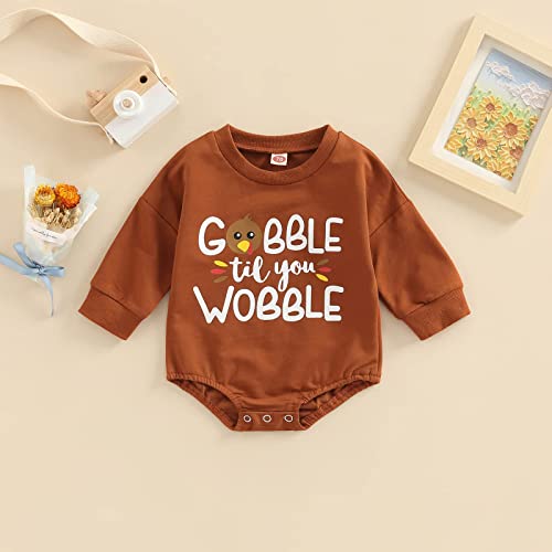 Baby Girl Boy Thanksgiving Outfit Turkey Sweatshirt Romper Long Sleeve Onesie Cute Infant Toddler Clothes 0-6 Months At Gobble TIL YOU Wobble Brown by 