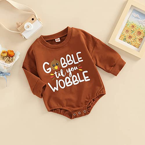 Baby Girl Boy Thanksgiving Outfit Turkey Sweatshirt Romper Long Sleeve Onesie Cute Infant Toddler Clothes 0-6 Months At Gobble TIL YOU Wobble Brown by 
