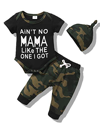 Baby Boy Clothes Newborn Boy Outfit 3-6 Months Romper Short Sleeve Ain't No Mama Like The One I Got Top Camouflage Long Pants with Hat Gift 3PC Infant Clothing Set from 