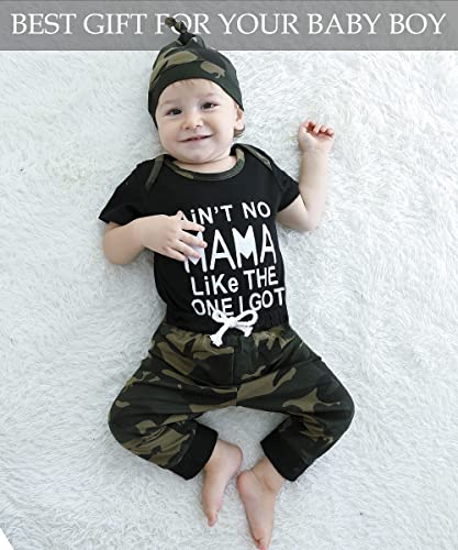 Baby Boy Clothes Newborn Boy Outfit 3-6 Months Romper Short Sleeve Ain't No Mama Like The One I Got Top Camouflage Long Pants with Hat Gift 3PC Infant Clothing Set from 