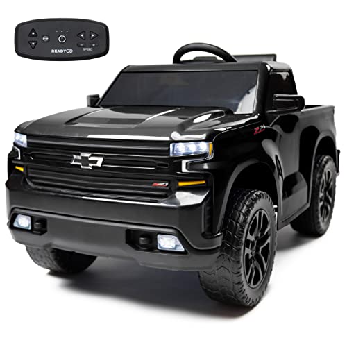 12V Chevy Silverado Ride On Truck with HIGH Speed Mode (5 MPH) & Parent Remote Control, Kid's Battery Powered Licensed Electric Vehicle, LED Lights, Real Tailgate, & Truck Sounds, by ReadyGO - Black from Kalee