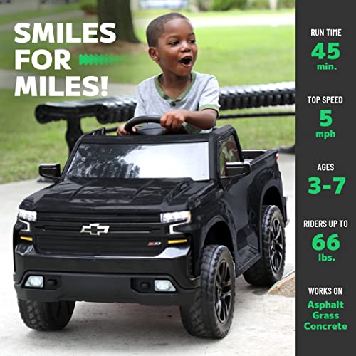 12V Chevy Silverado Ride On Truck with HIGH Speed Mode (5 MPH) & Parent Remote Control, Kid's Battery Powered Licensed Electric Vehicle, LED Lights, Real Tailgate, & Truck Sounds, by ReadyGO - Black from Kalee