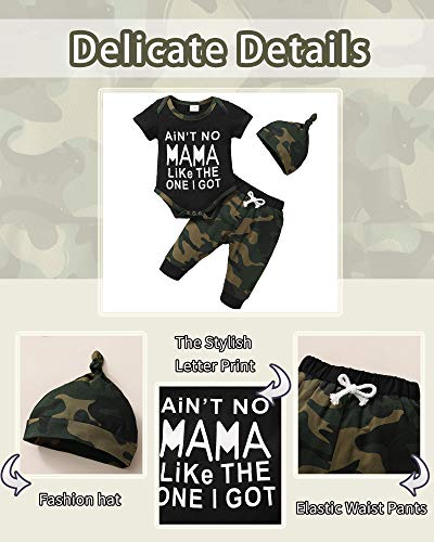 Baby Boy Clothes Newborn Boy Outfit 3-6 Months Romper Short Sleeve Ain't No Mama Like The One I Got Top Camouflage Long Pants with Hat Gift 3PC Infant Clothing Set from 