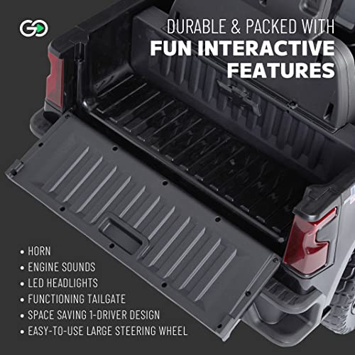 12V Chevy Silverado Ride On Truck with HIGH Speed Mode (5 MPH) & Parent Remote Control, Kid's Battery Powered Licensed Electric Vehicle, LED Lights, Real Tailgate, & Truck Sounds, by ReadyGO - Black from Kalee