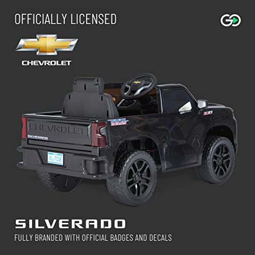 12V Chevy Silverado Ride On Truck with HIGH Speed Mode (5 MPH) & Parent Remote Control, Kid's Battery Powered Licensed Electric Vehicle, LED Lights, Real Tailgate, & Truck Sounds, by ReadyGO - Black from Kalee