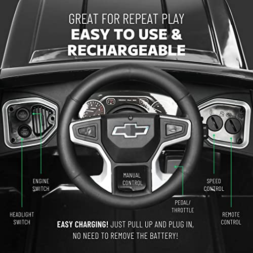 12V Chevy Silverado Ride On Truck with HIGH Speed Mode (5 MPH) & Parent Remote Control, Kid's Battery Powered Licensed Electric Vehicle, LED Lights, Real Tailgate, & Truck Sounds, by ReadyGO - Black from Kalee