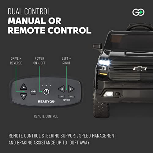 12V Chevy Silverado Ride On Truck with HIGH Speed Mode (5 MPH) & Parent Remote Control, Kid's Battery Powered Licensed Electric Vehicle, LED Lights, Real Tailgate, & Truck Sounds, by ReadyGO - Black from Kalee