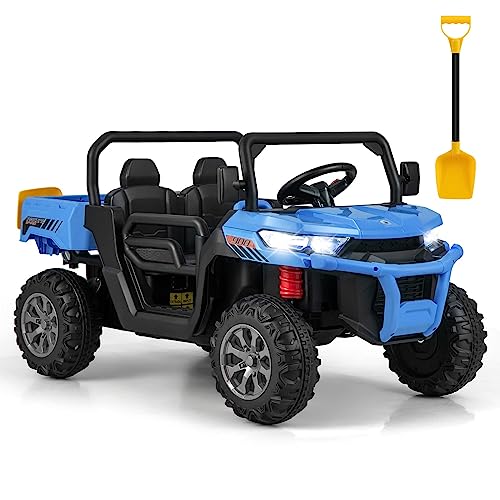 OLAKIDS 2 Seater Ride On UTV, 12V Kids Electric Vehicle Dump Truck with Remote Control, Dump Bed and Extra Shovel, Toddlers Battery Powered Car with Music, USB, AUX, Rocking Function (Blue) from Olakids
