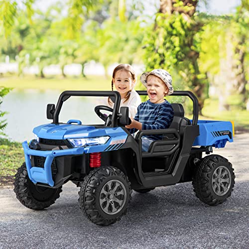 OLAKIDS 2 Seater Ride On UTV, 12V Kids Electric Vehicle Dump Truck with Remote Control, Dump Bed and Extra Shovel, Toddlers Battery Powered Car with Music, USB, AUX, Rocking Function (Blue) from Olakids