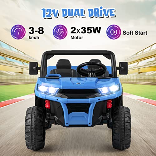 OLAKIDS 2 Seater Ride On UTV, 12V Kids Electric Vehicle Dump Truck with Remote Control, Dump Bed and Extra Shovel, Toddlers Battery Powered Car with Music, USB, AUX, Rocking Function (Blue) from Olakids