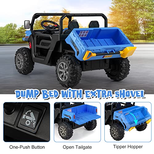 OLAKIDS 2 Seater Ride On UTV, 12V Kids Electric Vehicle Dump Truck with Remote Control, Dump Bed and Extra Shovel, Toddlers Battery Powered Car with Music, USB, AUX, Rocking Function (Blue) from Olakids