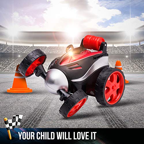 Atlasonix Remote Control Car for Boys - RC Stunt Car Toy | 4-Wheel Drive Car Spins and Flips | Indoor and Outdoor w/ Bonus - 6 Traffic Cones | Gift for Kids 3-10 | Size 7 x 5 in (Red) by Atlasonix