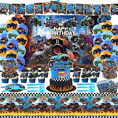 Monster Truck Birthday Party Supplies, Monster Truck Party Decorations Include Balloons, Happy Birthday Banner, Cakeï¼Cupcake Toppers, Tableware, Tablecloth, Backdrop by Zicuicor